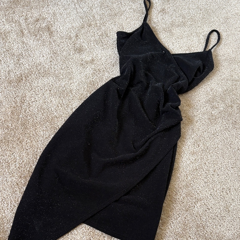 Black Sparkly Spaghetti-Strap Wrap Dress
